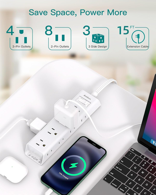 15FT Extension Cord - Surge Protector Power Strip, 12 Widely Multiple Outlets 3 Sides Outlet Extender, 900J, Wall Mount, Extra Long Flat Power Strip for Home Office College Dorm Room Essentials