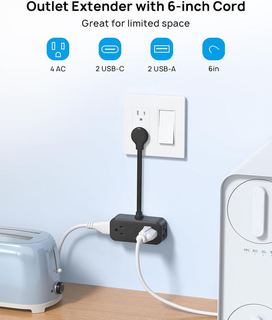 Outlet Extender with 6 Inch Cord, Multi Plug Wall Outlet with 4 Electrical Sockets and 4 USB Ports, Wall Mountable, Flat Plug Adapter for Home Office Travel, Cruise Ship Essentials, Black