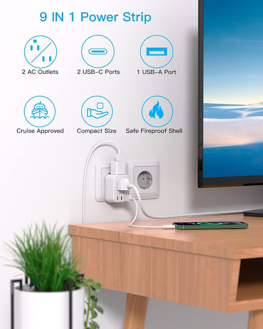 European Travel Plug Adapter USB C, International Plug Adapter, US to Europe Adapter Plug 2 Outlets 3 USB Ports(2 C Port), Type C Power Adapter to Italy Spain France Portugal Iceland Germany