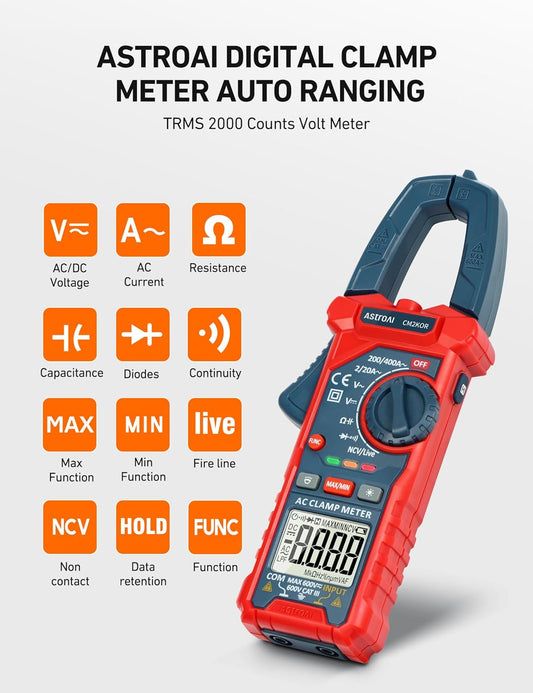 Digital Clamp Meter Multimeter 2000 Counts Amp Voltage Tester Auto-Ranging with AC/DC Voltage, AC Current, Resistance, Capacitance, Continuity, Live Wire Test, NCV, Blue