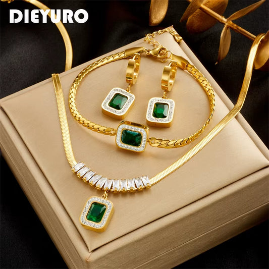 316L Stainless Steel Luxury Non-Fading Square Green Crystal Zircon Pendant Necklace Earrings Jewelry Set for Women Gifts