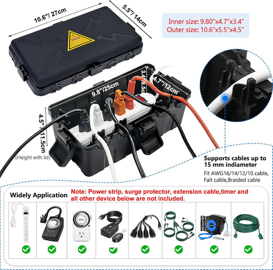 Medium Outdoor Electrical Box(10.6X5.5X4.5Inch),Weatherproof Connection Box W/6 Cable Entry,Ip54 Waterproof Extension Cord Cover Protect Power Strip,Timer,Plug,Holiday Lights,Black