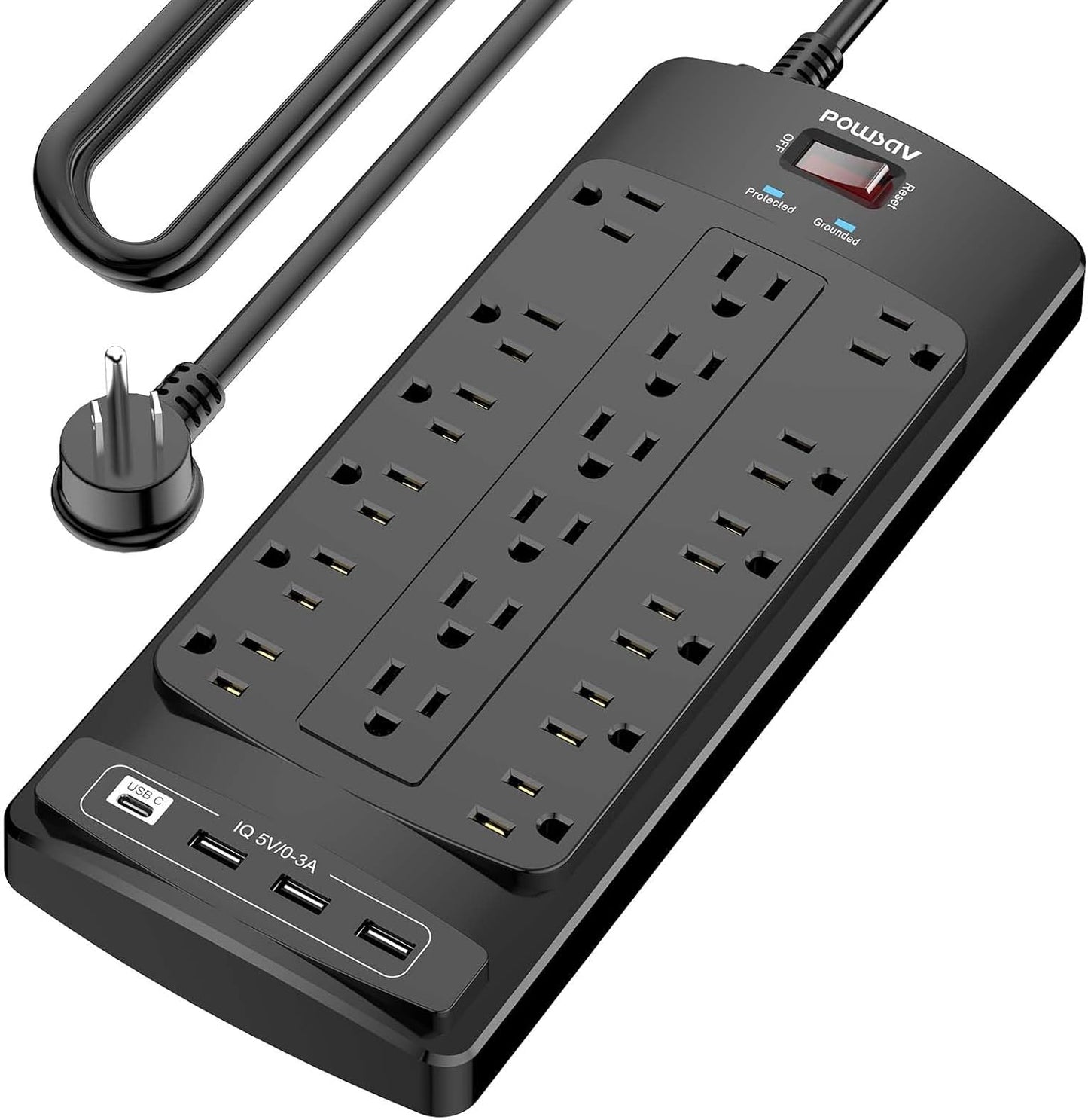 18 Outlets Surge Protector Power Strip - 6 Feet Flat Plug Heavy Duty Extension Cord with 18 Widely Outlets and 4 USB Ports, 2100 Joules, Black, ETL Listed