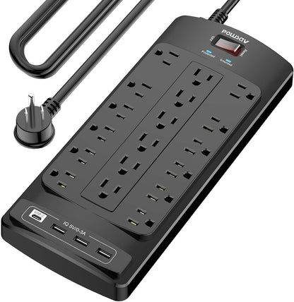 18 Outlets Surge Protector Power Strip - 6 Feet Flat Plug Heavy Duty Extension Cord with 18 Widely Outlets and 4 USB Ports, 2100 Joules, Black, ETL Listed