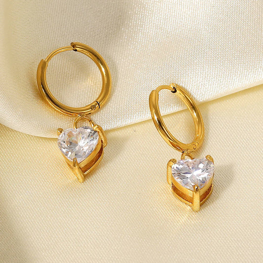 💎 White Heart Cubic Zirconia Huggie Hoop Earrings – 18K Gold Plated