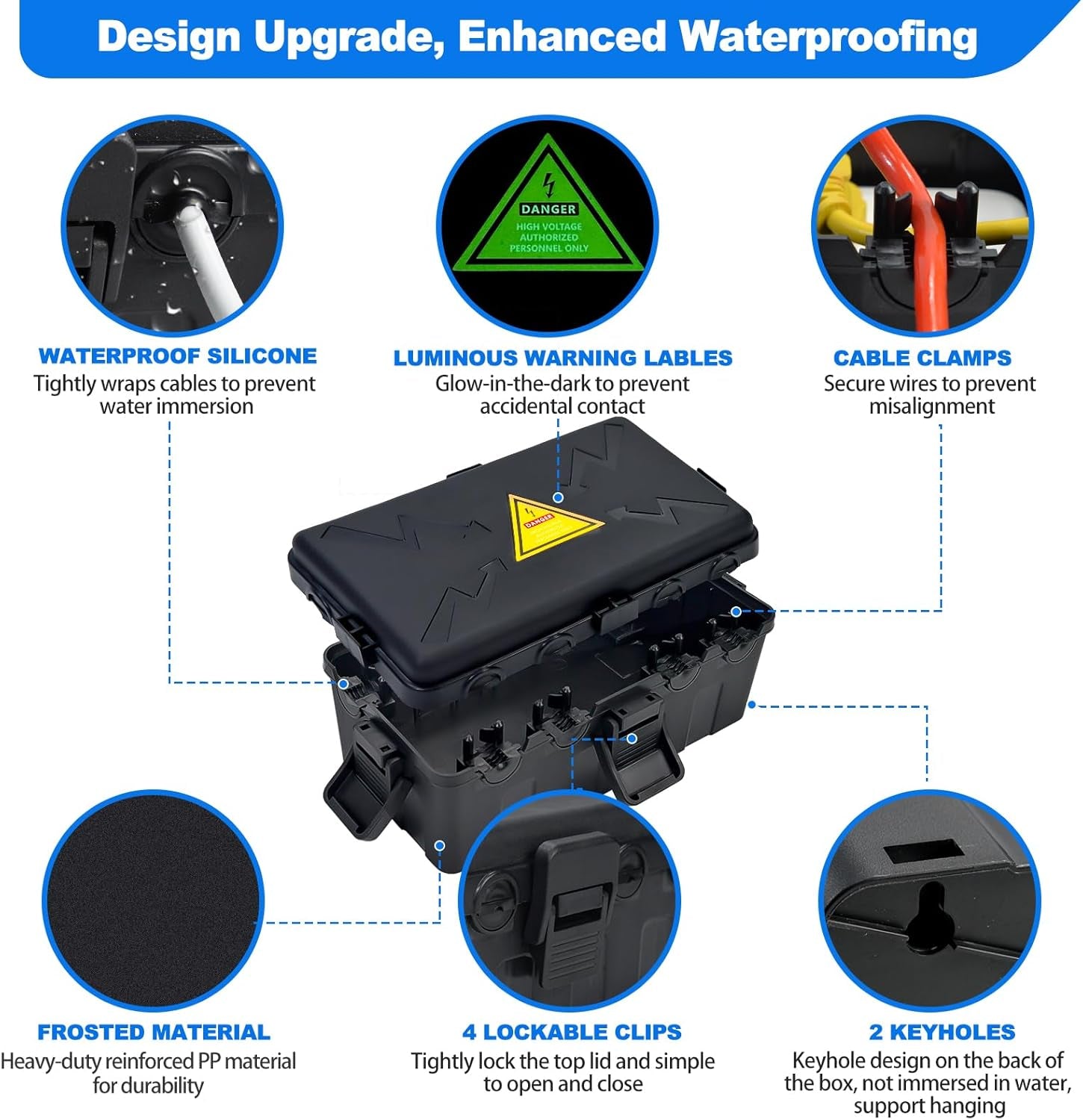 Medium Outdoor Electrical Box(10.6X5.5X4.5Inch),Weatherproof Connection Box W/6 Cable Entry,Ip54 Waterproof Extension Cord Cover Protect Power Strip,Timer,Plug,Holiday Lights,Black
