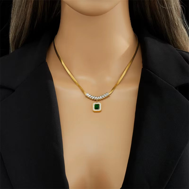 316L Stainless Steel Luxury Non-Fading Square Green Crystal Zircon Pendant Necklace Earrings Jewelry Set for Women Gifts
