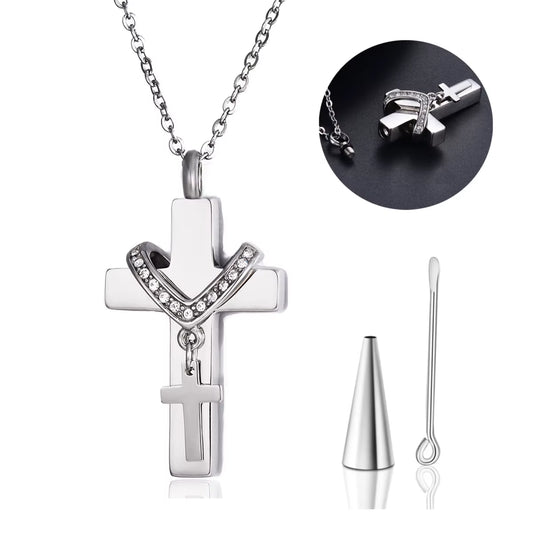  Dual Cross Faith Pendant – Unisex Stainless Steel Memorial Necklace