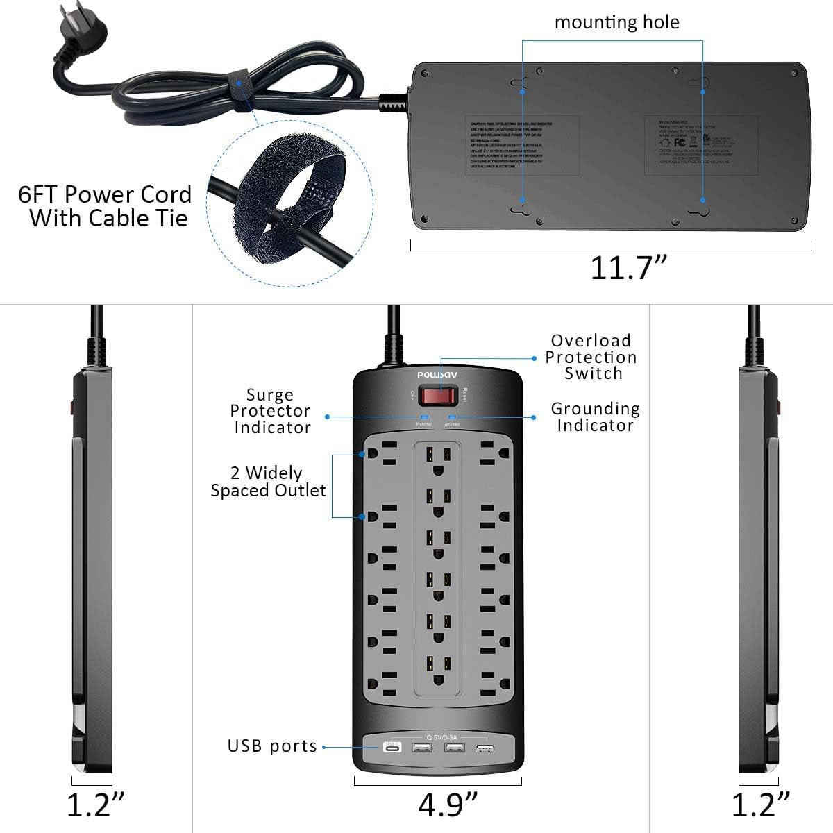 18 Outlets Surge Protector Power Strip - 6 Feet Flat Plug Heavy Duty Extension Cord with 18 Widely Outlets and 4 USB Ports, 2100 Joules, Black, ETL Listed