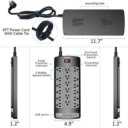 18 Outlets Surge Protector Power Strip - 6 Feet Flat Plug Heavy Duty Extension Cord with 18 Widely Outlets and 4 USB Ports, 2100 Joules, Black, ETL Listed