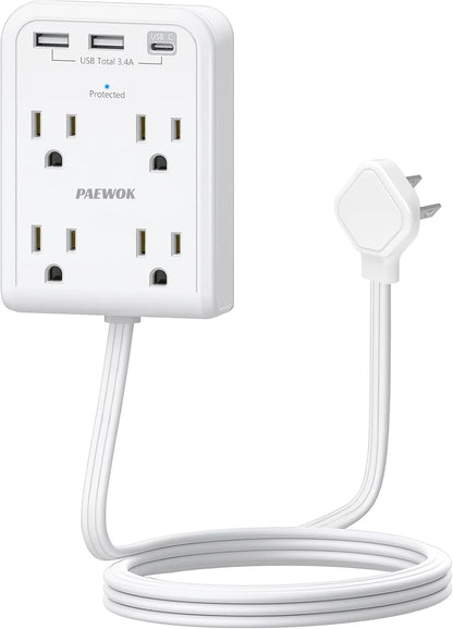 Surge Protector Power Strip with 3 USB Wall Plug(1 Type C), 4 AC Socket Wall Adapter, Electrical Outlet Extender Stick with 8 Ft Thin Extension Cord, Home Office Dorm Room Essentials, White