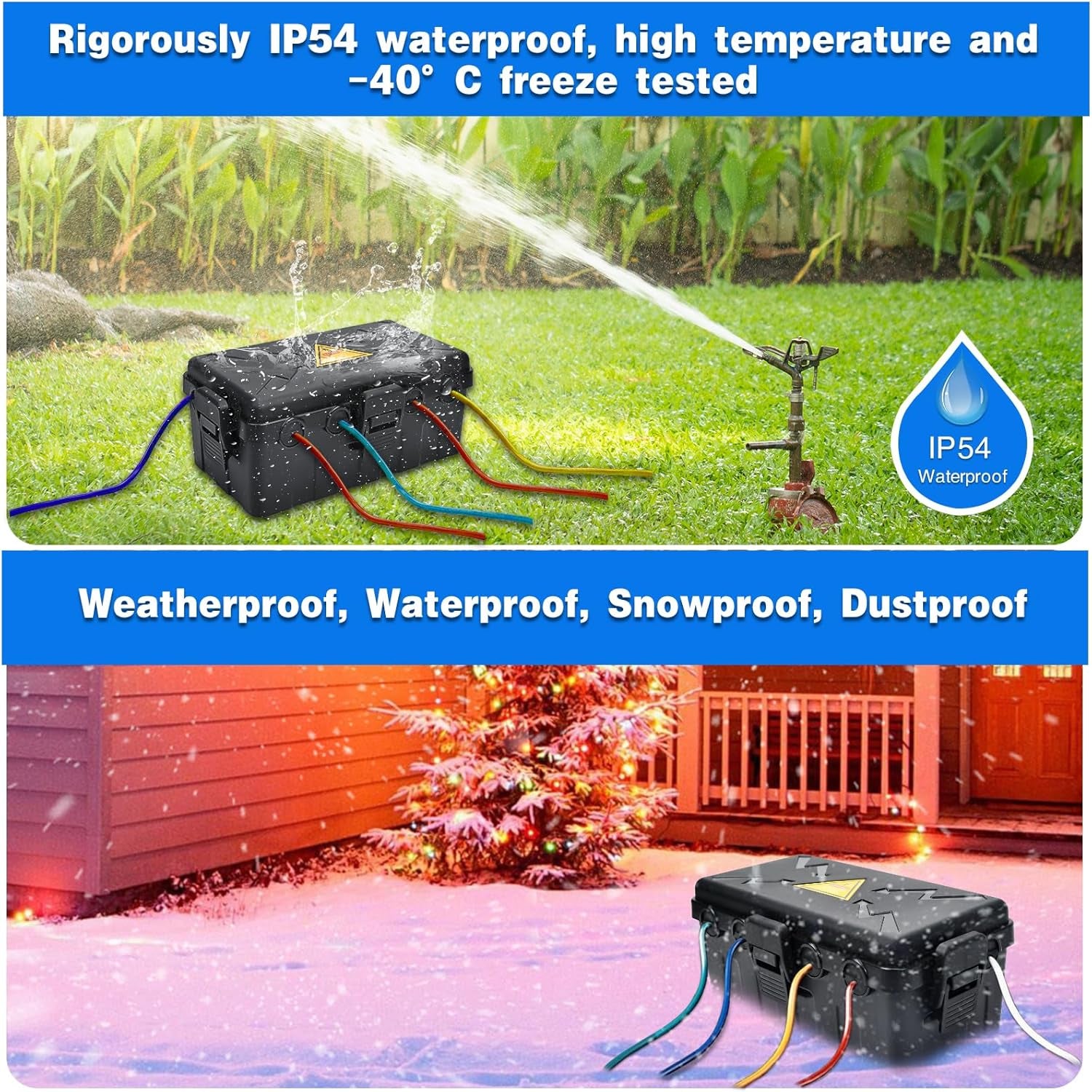 Medium Outdoor Electrical Box(10.6X5.5X4.5Inch),Weatherproof Connection Box W/6 Cable Entry,Ip54 Waterproof Extension Cord Cover Protect Power Strip,Timer,Plug,Holiday Lights,Black