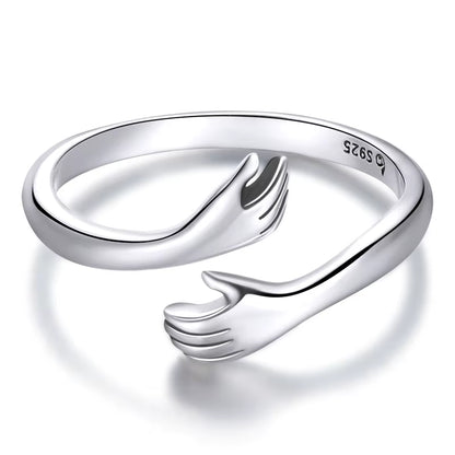 925 Sterling Silver Hug Hands Ring Simple Design Finger Ring for Women Elegant Silver Jewelry CTR176