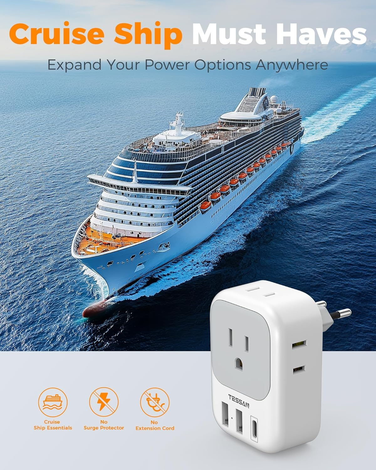 2 Pack European Plug Adapter USB C,  US to Europe Adapter 4 Outlets 3 USB Charger, Type C International Power Adaptor to Italy Spain France Portugal Iceland Germany, Europe Travel Essentials
