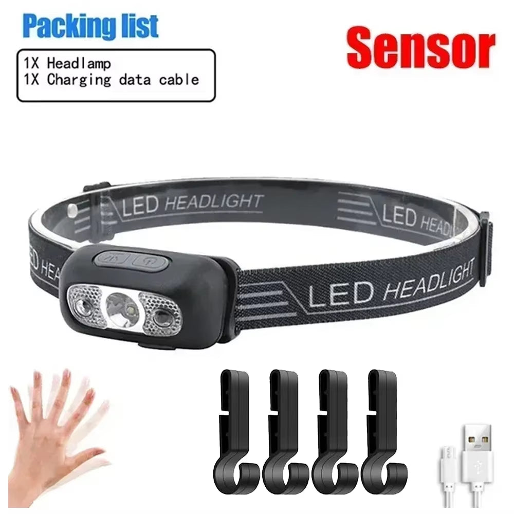 Strong Light Headlamp Portable LED Sensor Headlamp USB Rechargeable Head Flashlight Outdoor Camping Fishing Emergency Lantern