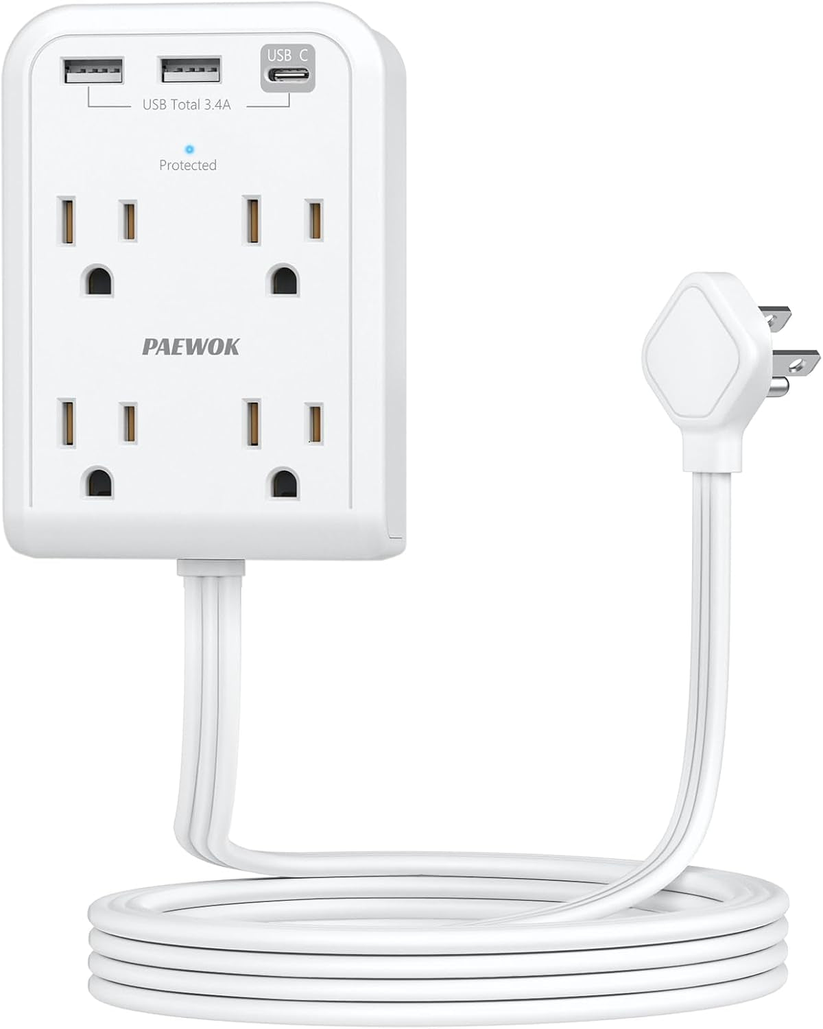Surge Protector Power Strip with 3 USB Wall Plug(1 Type C), 4 AC Socket Wall Adapter, Electrical Outlet Extender Stick with 8 Ft Thin Extension Cord, Home Office Dorm Room Essentials, White