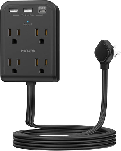 Surge Protector Power Strip with 3 USB Wall Plug(1 Type C), 4 AC Socket Wall Adapter, Electrical Outlet Extender Stick with 8 Ft Thin Extension Cord, Home Office Dorm Room Essentials, White