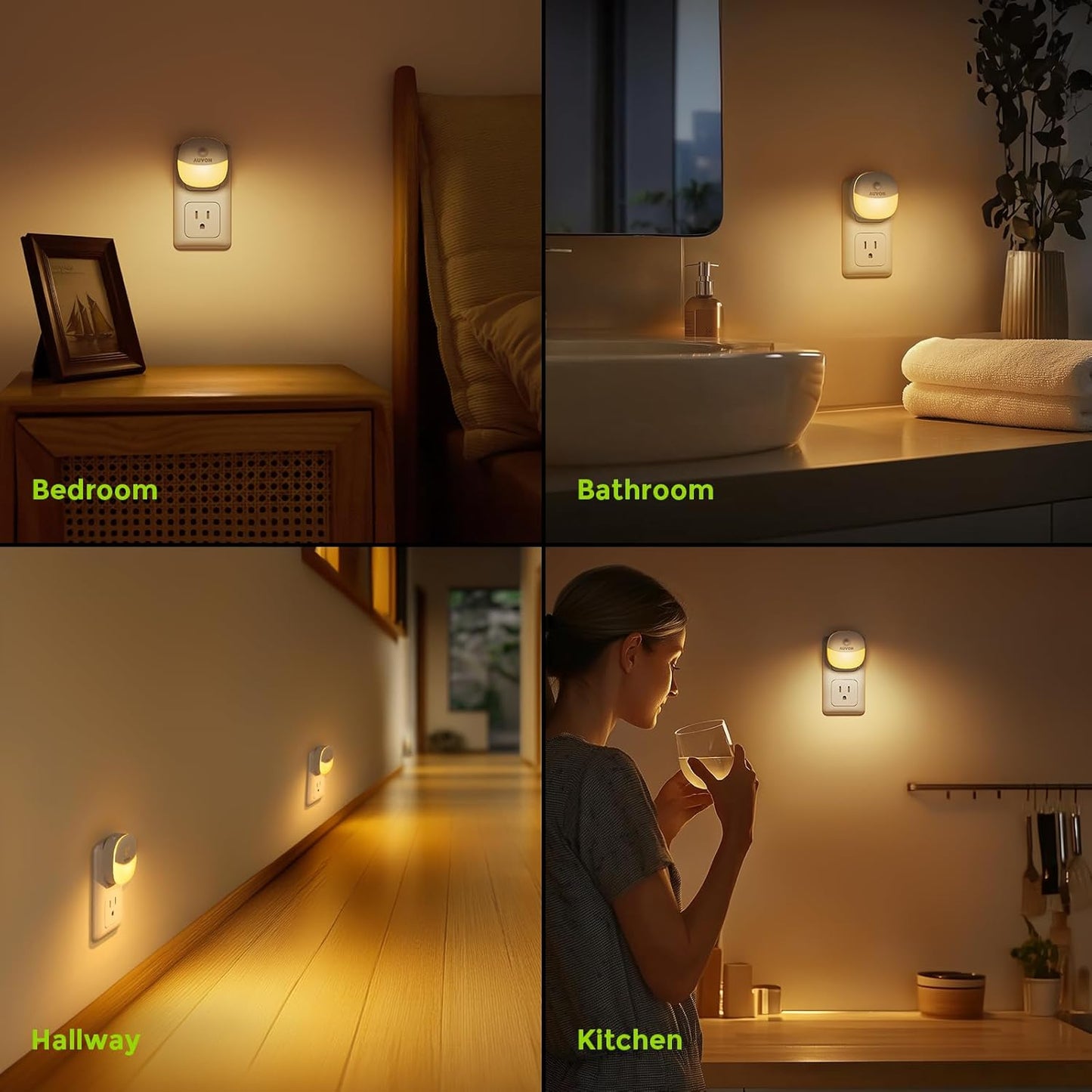 Plug in Night Light with Motion Sensor and Dusk to Dawn Sensor, Mini Warm White LED Nightlight with 1-50 Lm Adjustable Brightness for Bathroom, Hallway, Stairs, Bedroom, Kitchen, 4 Packs