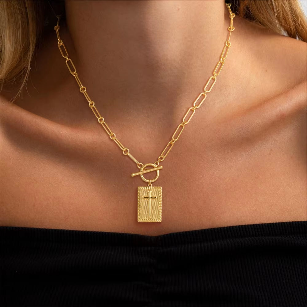 Rectangle Cross Pendant Necklace Religious Jewelry Toggle Clasp Paperclip Chain Necklaces for Women Men First Communion Gift