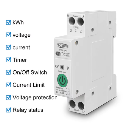 63A WiFi Smart Energy Meter Switch — TUYA Smartlife Circuit Protection & Monitoring