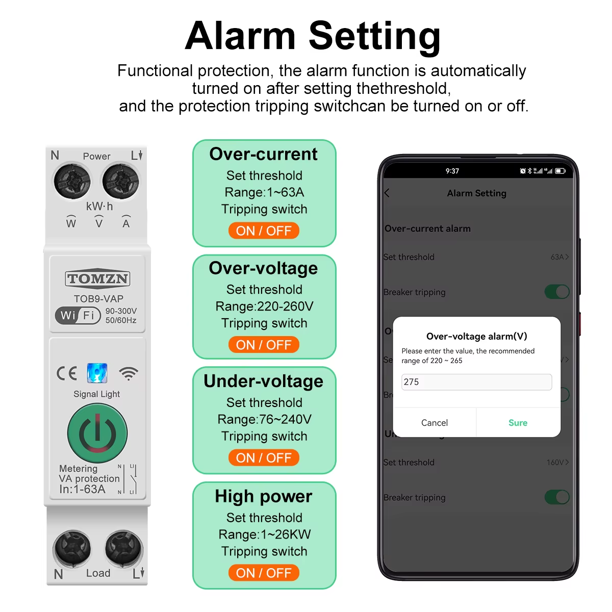 63A WiFi Smart Energy Meter Switch — TUYA Smartlife Circuit Protection & Monitoring
