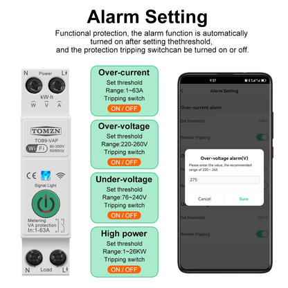63A WiFi Smart Energy Meter Switch — TUYA Smartlife Circuit Protection & Monitoring