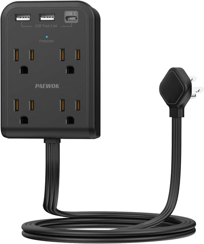 Surge Protector Power Strip with 3 USB Wall Plug(1 Type C), 4 AC Socket Wall Adapter, Electrical Outlet Extender Stick with 8 Ft Thin Extension Cord, Home Office Dorm Room Essentials, White