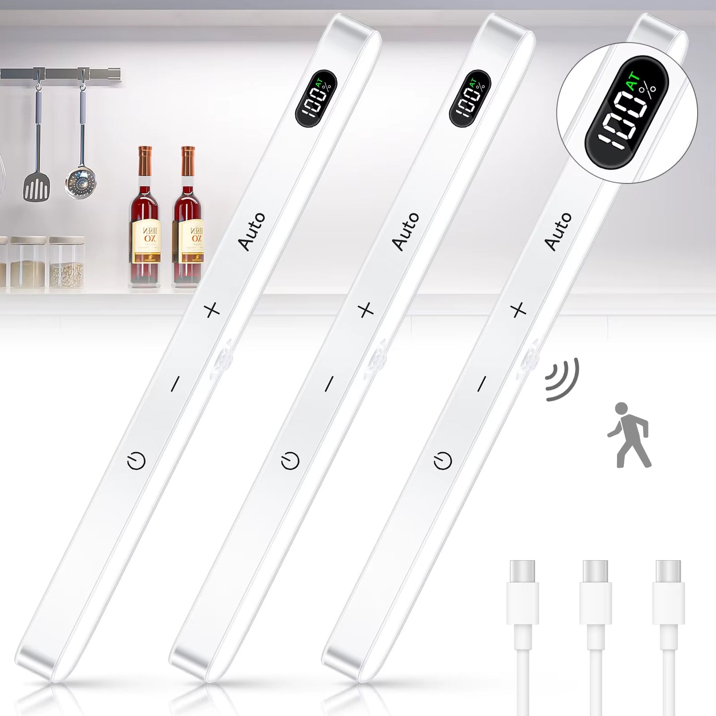 Motion Sensor Cabinet Light Battery Display 60 LED Touch Light Bar Wireless Rechargeable Battery Night Light