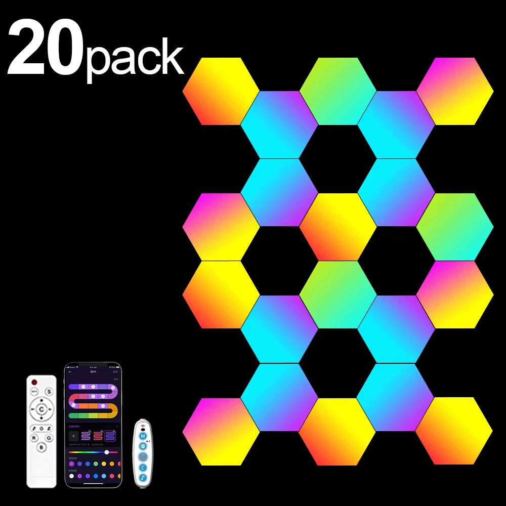 RGB Smart Hexagonal Wall Lamp Color Changing Ambient Night Light DIY Shape Music Rhythm APP for Game Room Bedroom Intelligent