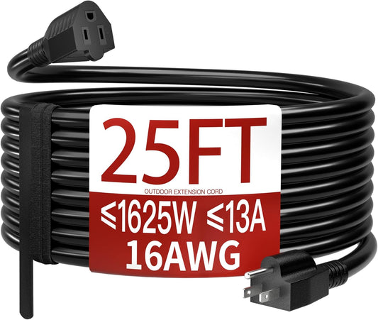 16/3 25 FT Outdoor Extension Cord Waterproof, Weatherproof & Flame Retardant Black 3 Prong Power Cord outside for Lawn & Garden, 13 Amps 1625 Watts 125 VAC 16AWG SJTW, ETL Listed