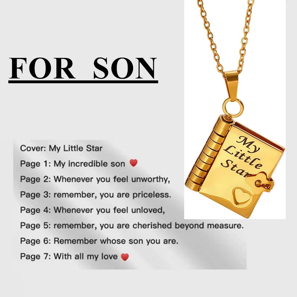 Openable Book Locket Pendant Necklace My Son Daughter Book Necklaces Girl Boy Graduation Jewelry Steel Choker Birthday Gift