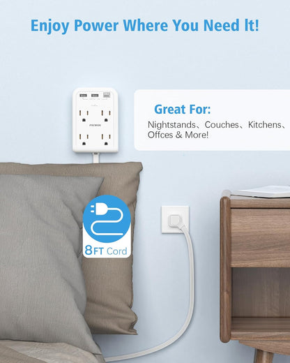 Surge Protector Power Strip with 3 USB Wall Plug(1 Type C), 4 AC Socket Wall Adapter, Electrical Outlet Extender Stick with 8 Ft Thin Extension Cord, Home Office Dorm Room Essentials, White