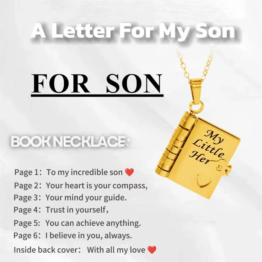Openable Book Locket Pendant Necklace My Son Daughter Book Necklaces Girl Boy Graduation Jewelry Steel Choker Birthday Gift