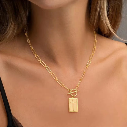 Rectangle Cross Pendant Necklace Religious Jewelry Toggle Clasp Paperclip Chain Necklaces for Women Men First Communion Gift
