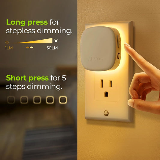 Plug-In LED Backlit Night Light with Motion Sensor & Dusk to Dawn Sensor, Dimmable Warm White Nightlight with 1-50 Lm Adjustable Brightness for Bedroom, Bathroom, Stairs, Hallway (4 Pack)