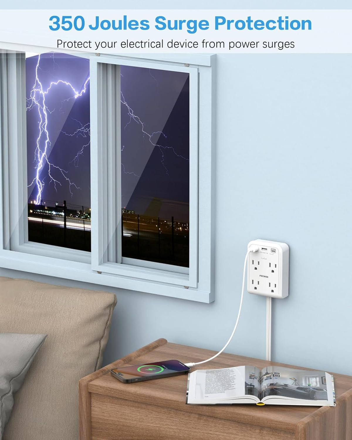Surge Protector Power Strip with 3 USB Wall Plug(1 Type C), 4 AC Socket Wall Adapter, Electrical Outlet Extender Stick with 8 Ft Thin Extension Cord, Home Office Dorm Room Essentials, White