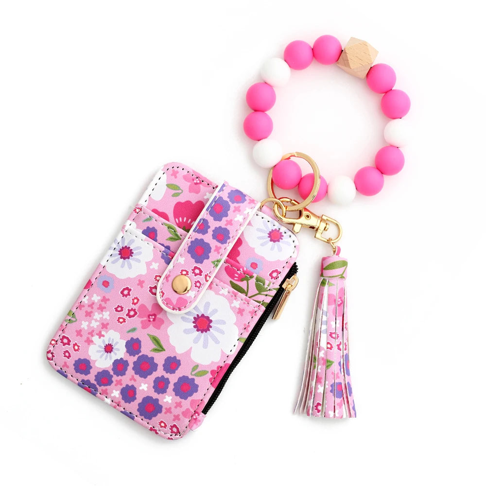 2024 Silicone Bead Bracelet Leather Card Bag Wristlet Keychain Silicone Bracelet Wallet Bangle Floret Printed Fragmented ID Bag