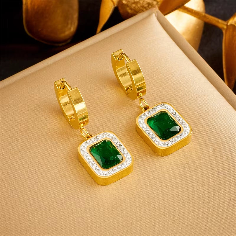 316L Stainless Steel Luxury Non-Fading Square Green Crystal Zircon Pendant Necklace Earrings Jewelry Set for Women Gifts