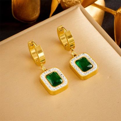 316L Stainless Steel Luxury Non-Fading Square Green Crystal Zircon Pendant Necklace Earrings Jewelry Set for Women Gifts
