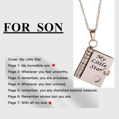 Openable Book Locket Pendant Necklace My Son Daughter Book Necklaces Girl Boy Graduation Jewelry Steel Choker Birthday Gift