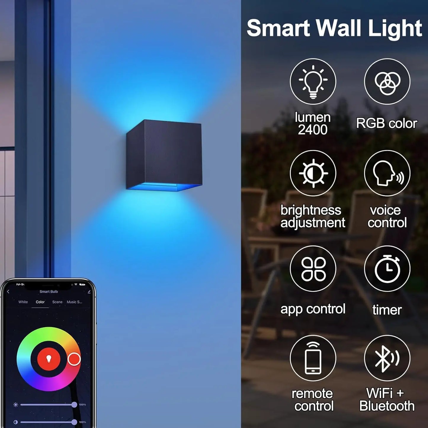 2PC Outdoor Wall Lights 10W RGBCW LED Patio Wall Light Fixture Smart Modern Outdoor Light with App/Voice Control Adjustable Beam