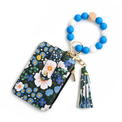 2024 Silicone Bead Bracelet Leather Card Bag Wristlet Keychain Silicone Bracelet Wallet Bangle Floret Printed Fragmented ID Bag