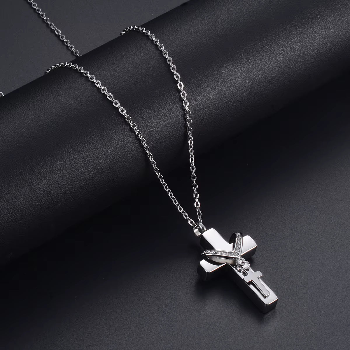  Dual Cross Faith Pendant – Unisex Stainless Steel Memorial Necklace