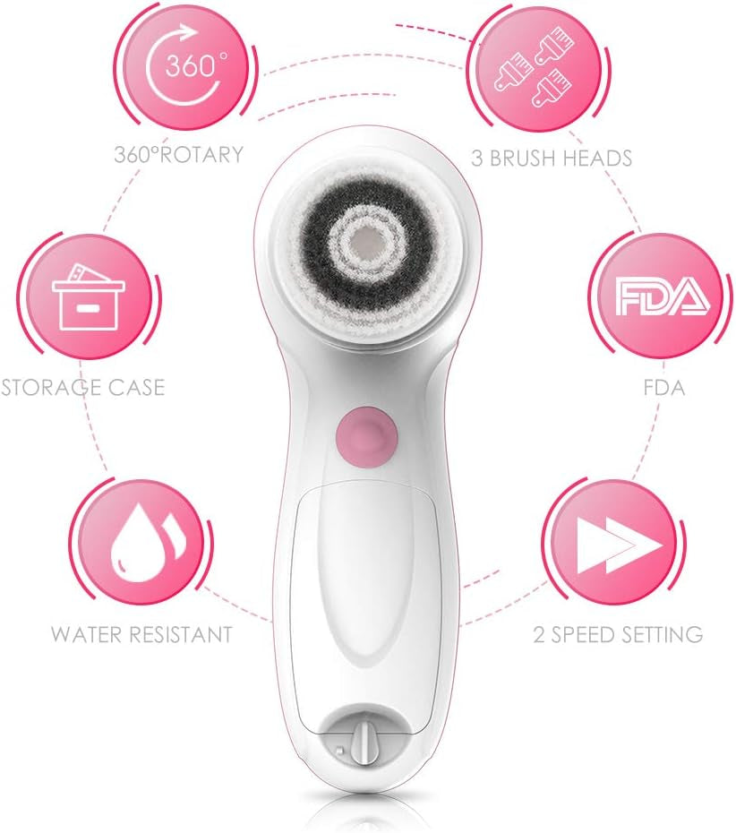 3-in-1 Facial Cleansing Brush Set w/ Travel Case – Dual-Speed, 3 Heads (Water-Resistant)