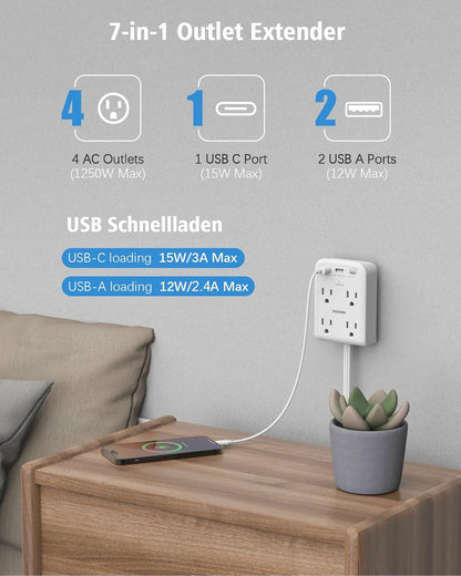 Surge Protector Power Strip with 3 USB Wall Plug(1 Type C), 4 AC Socket Wall Adapter, Electrical Outlet Extender Stick with 8 Ft Thin Extension Cord, Home Office Dorm Room Essentials, White