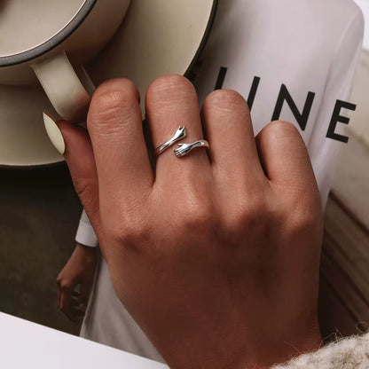 925 Sterling Silver Hug Hands Ring Simple Design Finger Ring for Women Elegant Silver Jewelry CTR176