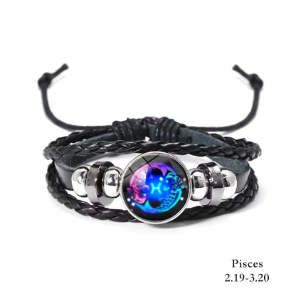 12 Constellation Zodiac Sign Charm Luminous Bracelets Men Women Vintage Multilayer Wrap Leather Bracelet & Bangle Birthday Gift