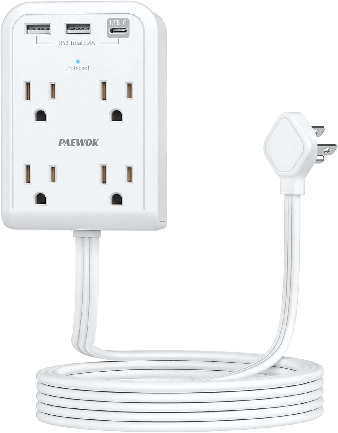 Surge Protector Power Strip with 3 USB Wall Plug(1 Type C), 4 AC Socket Wall Adapter, Electrical Outlet Extender Stick with 8 Ft Thin Extension Cord, Home Office Dorm Room Essentials, White
