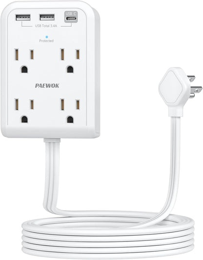 Surge Protector Power Strip with 3 USB Wall Plug(1 Type C), 4 AC Socket Wall Adapter, Electrical Outlet Extender Stick with 8 Ft Thin Extension Cord, Home Office Dorm Room Essentials, White
